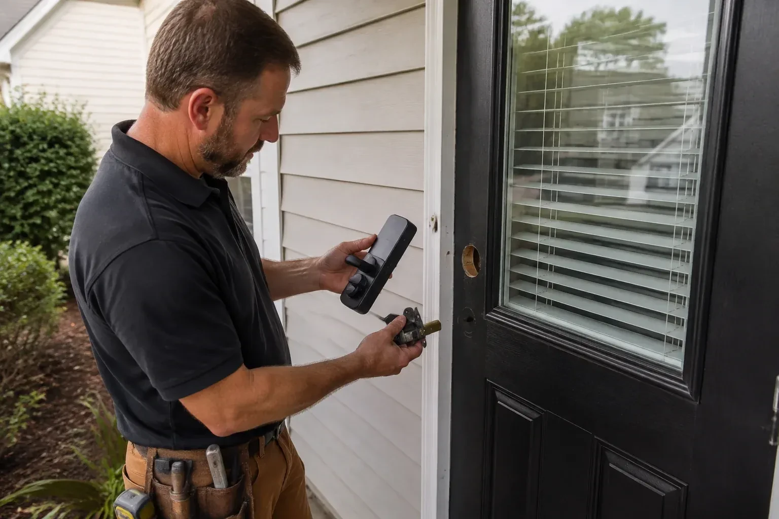 Person holding a black door-handle assembly and a latch beside a glazed door with exposed lock openings. — Smart Lock Installation, Kitchener