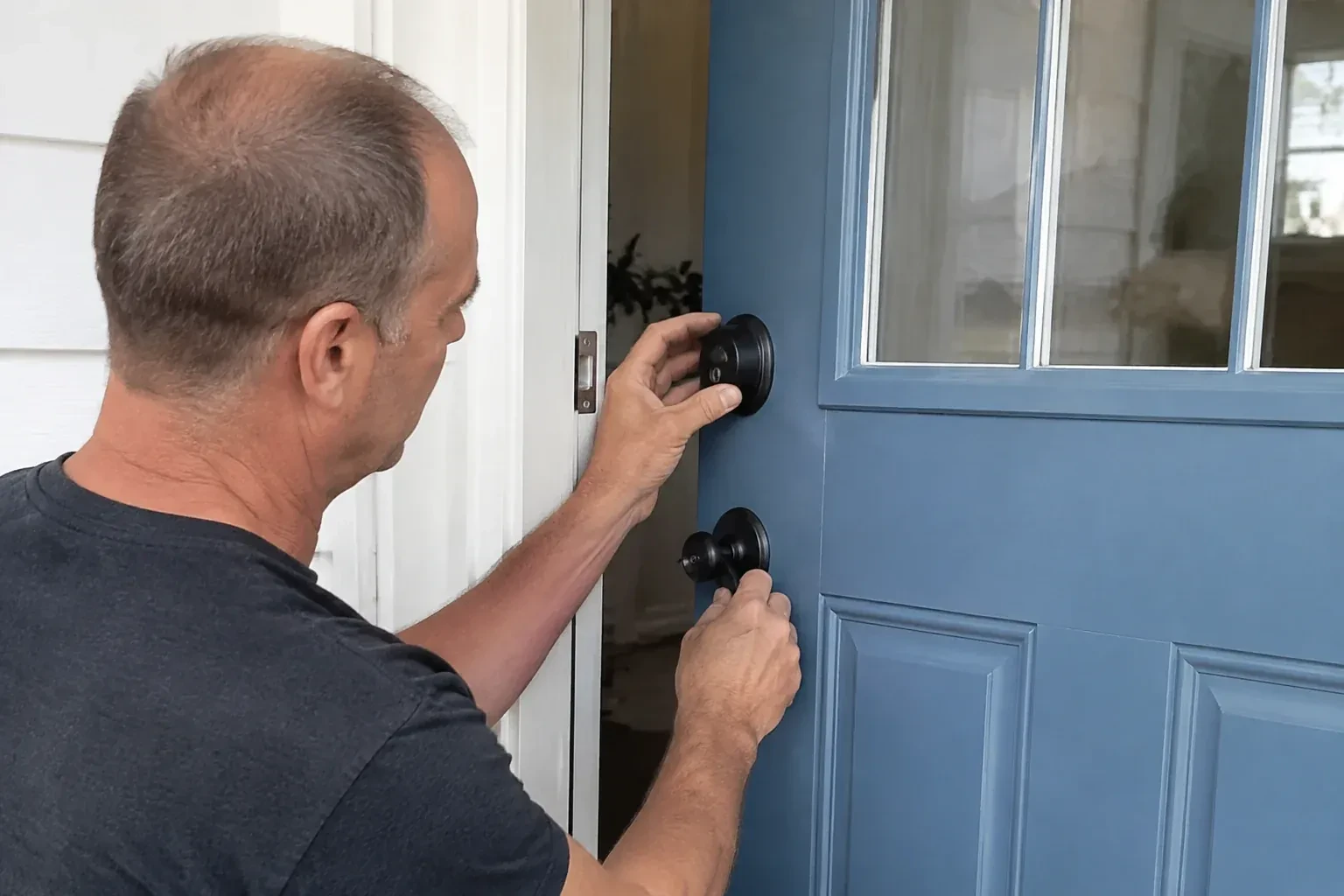 Person holding the black deadbolt and doorknob of a partly open blue front door. — Deadbolt Installation, Kitchener