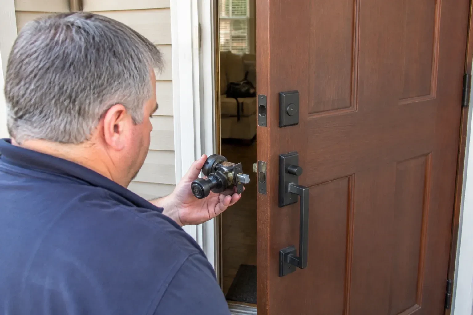 Person holding a removed black lock assembly beside a partly open brown front door with a long black pull handle. — Home Lockout Service, Kitchener