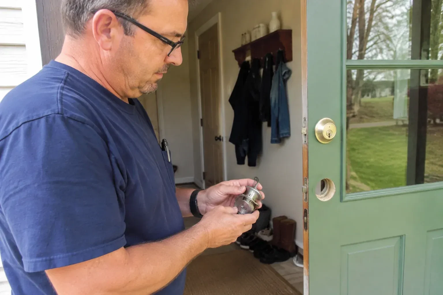 Person holding a cylindrical door-lock assembly beside an open green glazed door with its lower lock opening exposed. — Seized & Jammed Lock Opening, Kitchener
