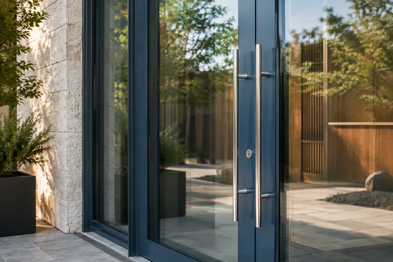 Dark-framed glass entrance doors with long silver-colored vertical pull handles and a round keyhole. — Business Lockout Service, Kitchener