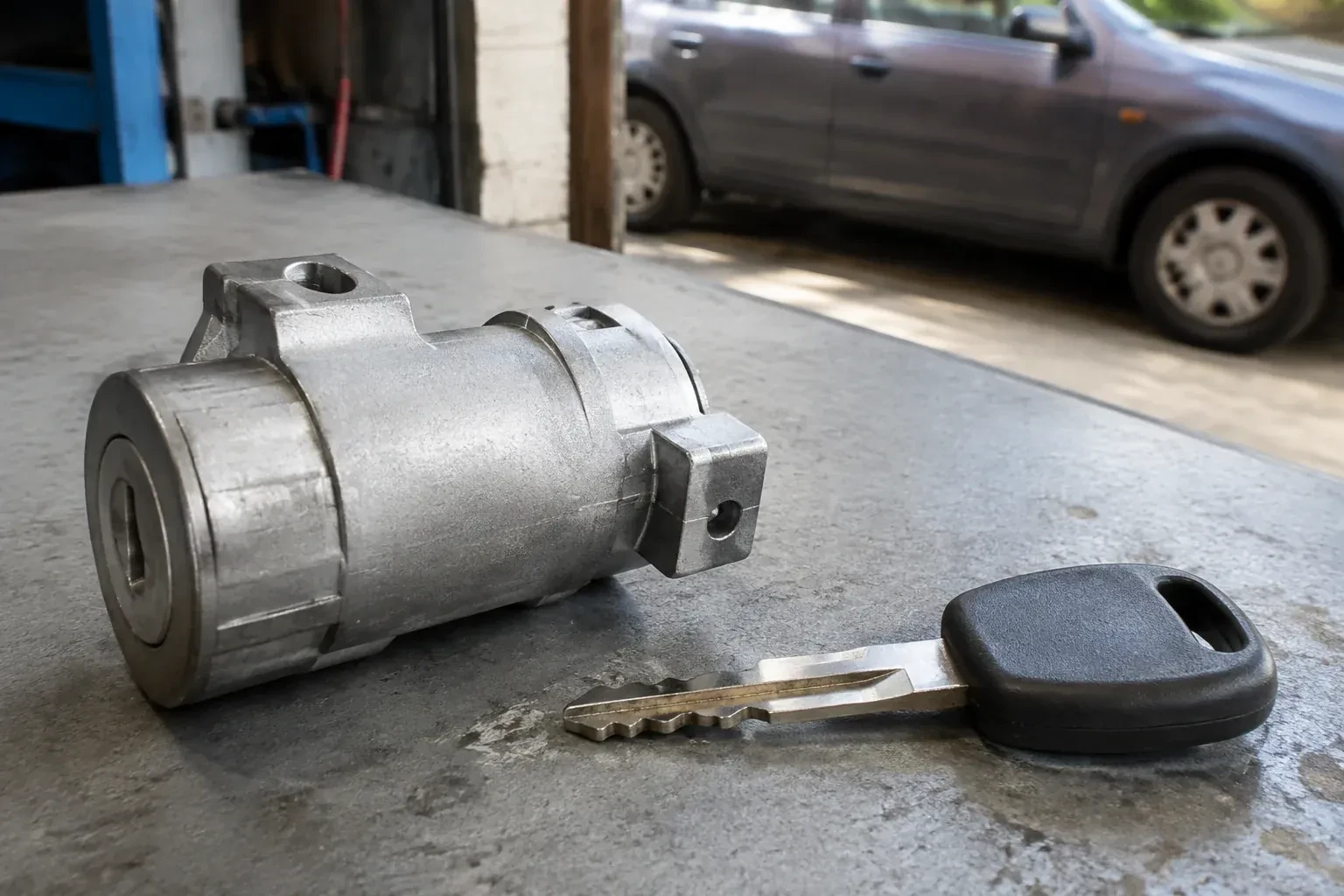 Detached cylindrical lock housing and black-headed key on an automotive workbench. — Ignition Lock Repair, Kitchener