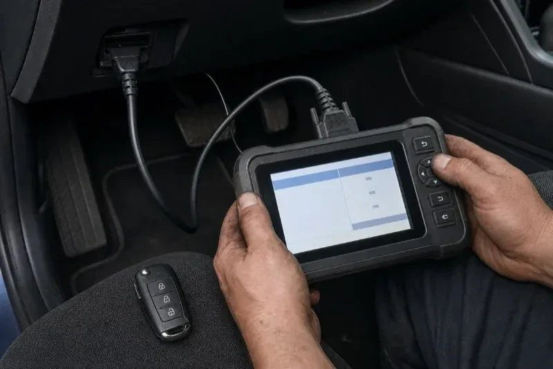 Hands holding a diagnostic tablet connected beneath a car dashboard, with a key fob resting on the person’s leg. — Key Fob Programming, Kitchener