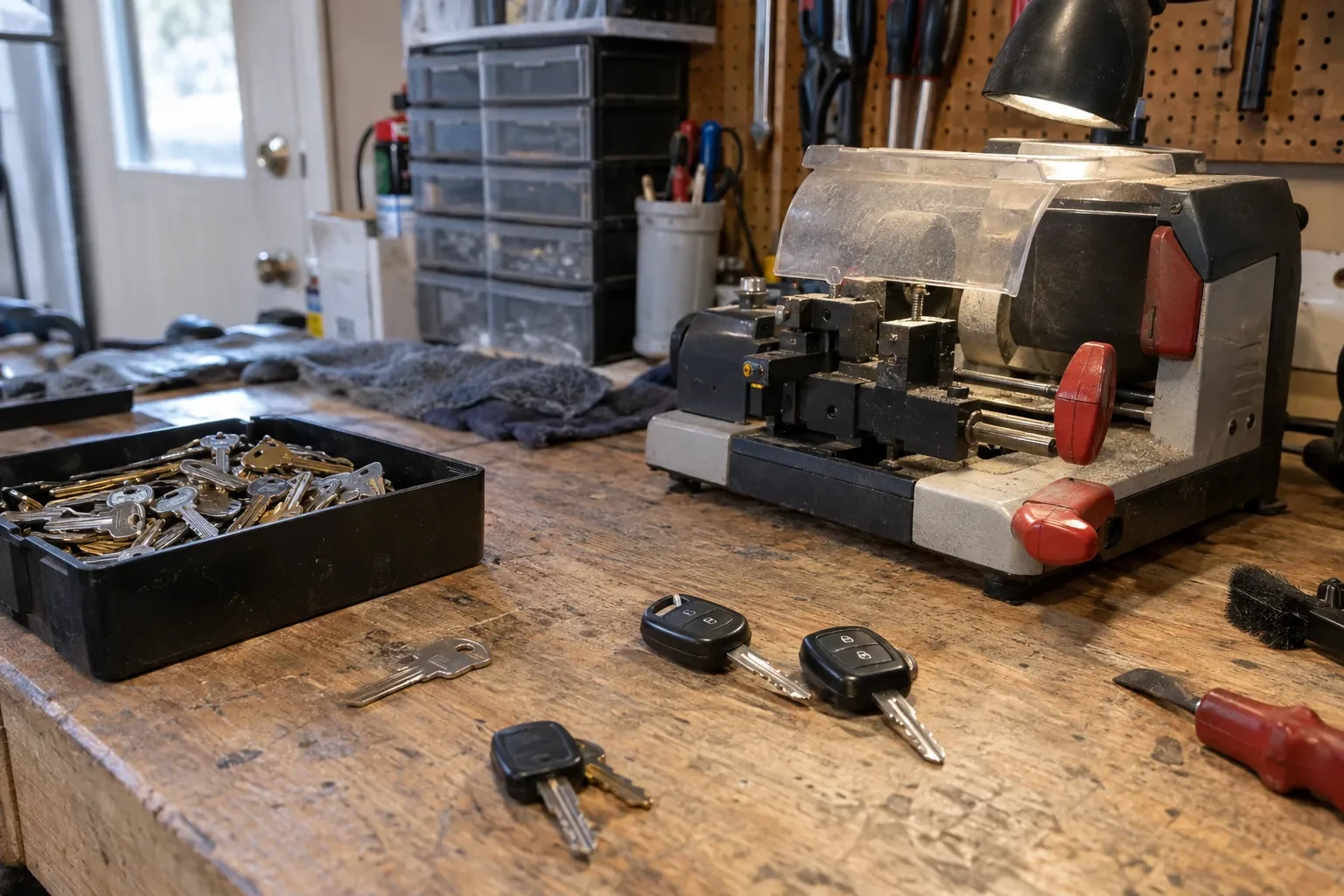 Key-cutting machine with red handles on a worn wooden bench beside a tray of loose keys, key fobs and a screwdriver.