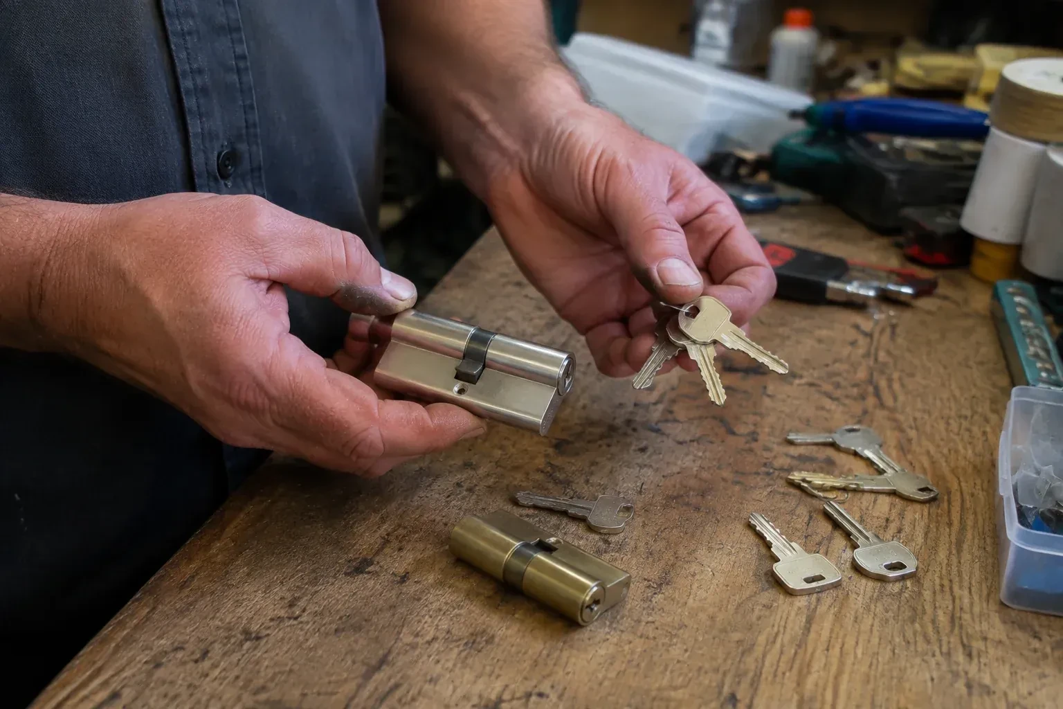 Hands holding a lock cylinder and a ring of keys above a worn workbench with another cylinder and loose keys. — Lock Rekeying, Kitchener