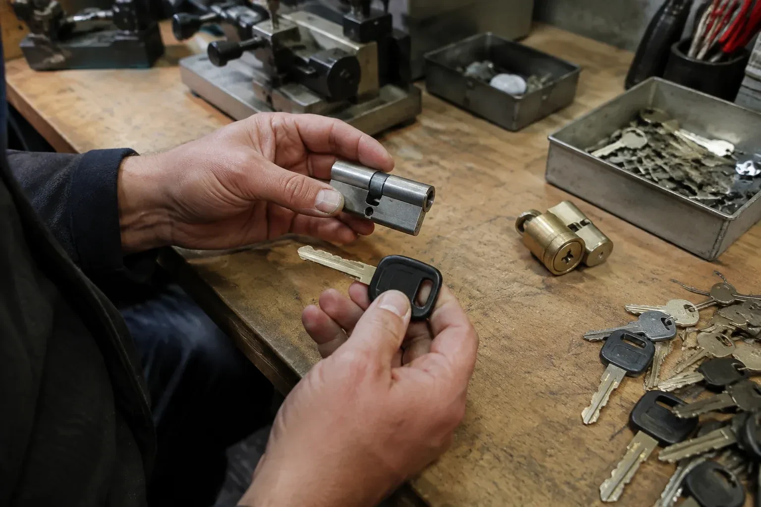 Hands holding a silver-colored lock cylinder and a black-headed key above a workbench with loose keys and another cylinder. — Spare Car Key Duplication, Kitchener