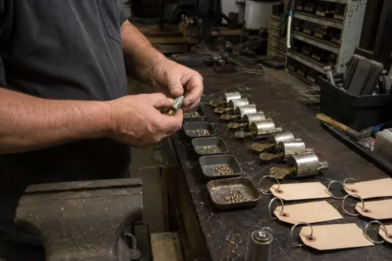 Person handling a lock cylinder at a workbench lined with cylinders, keys, small pin trays and blank key tags. — Commercial Rekeying, Kitchener