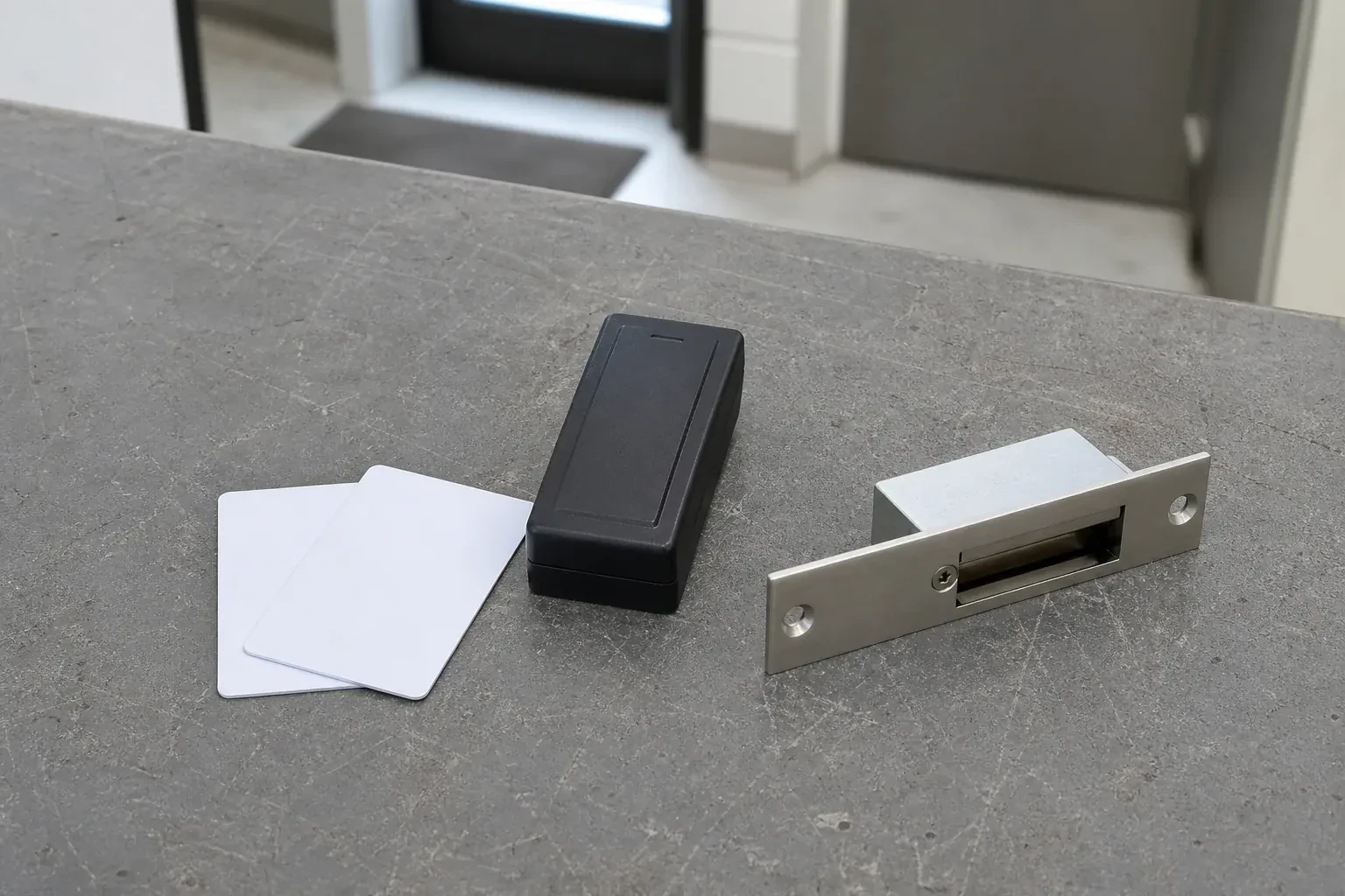 Detached card reader, two plain cards and an electric-strike component on a service bench. — Access Control Installation, Kitchener