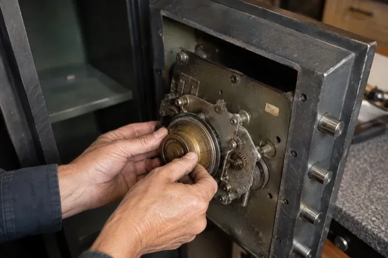 Hands holding a round metal component against the exposed mechanism inside an open safe door. — Safe Opening & Combination Change, Kitchener
