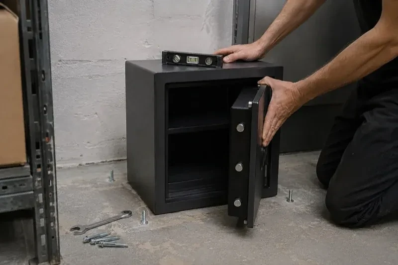 Person kneeling beside an open black safe with a spirit level on top and loose bolts and a wrench on the concrete floor. — Safe Installation & Servicing, Kitchener