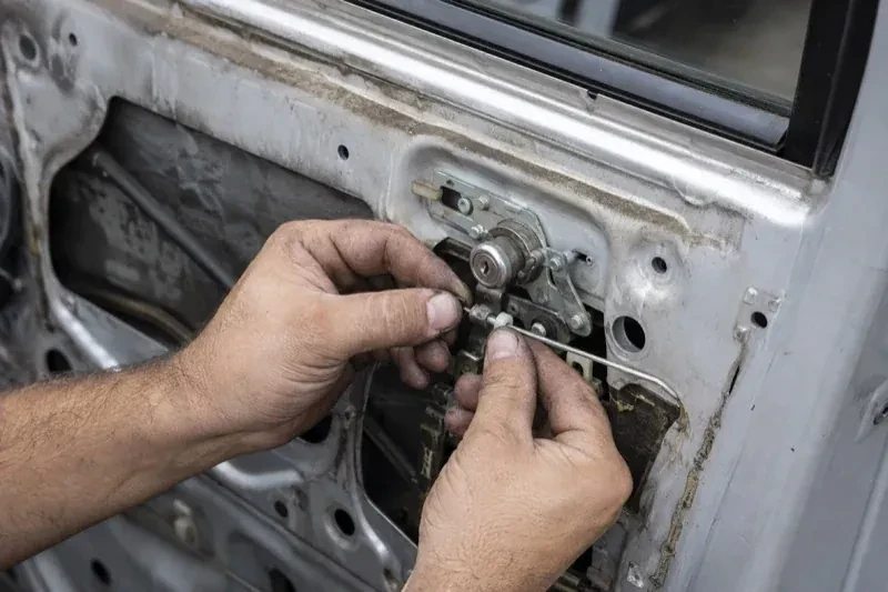 Hands holding a small linkage beside an exposed car-door lock mechanism with the interior trim removed. — Vehicle Lock Repair, Kitchener