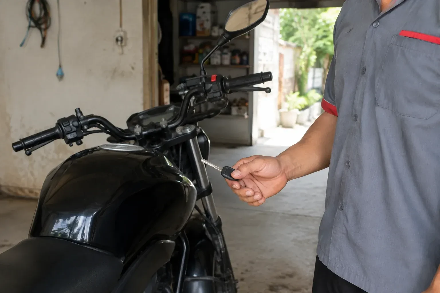 Technician holding a black-headed key beside a parked motorcycle. — Motorcycle & Scooter Keys, Kitchener