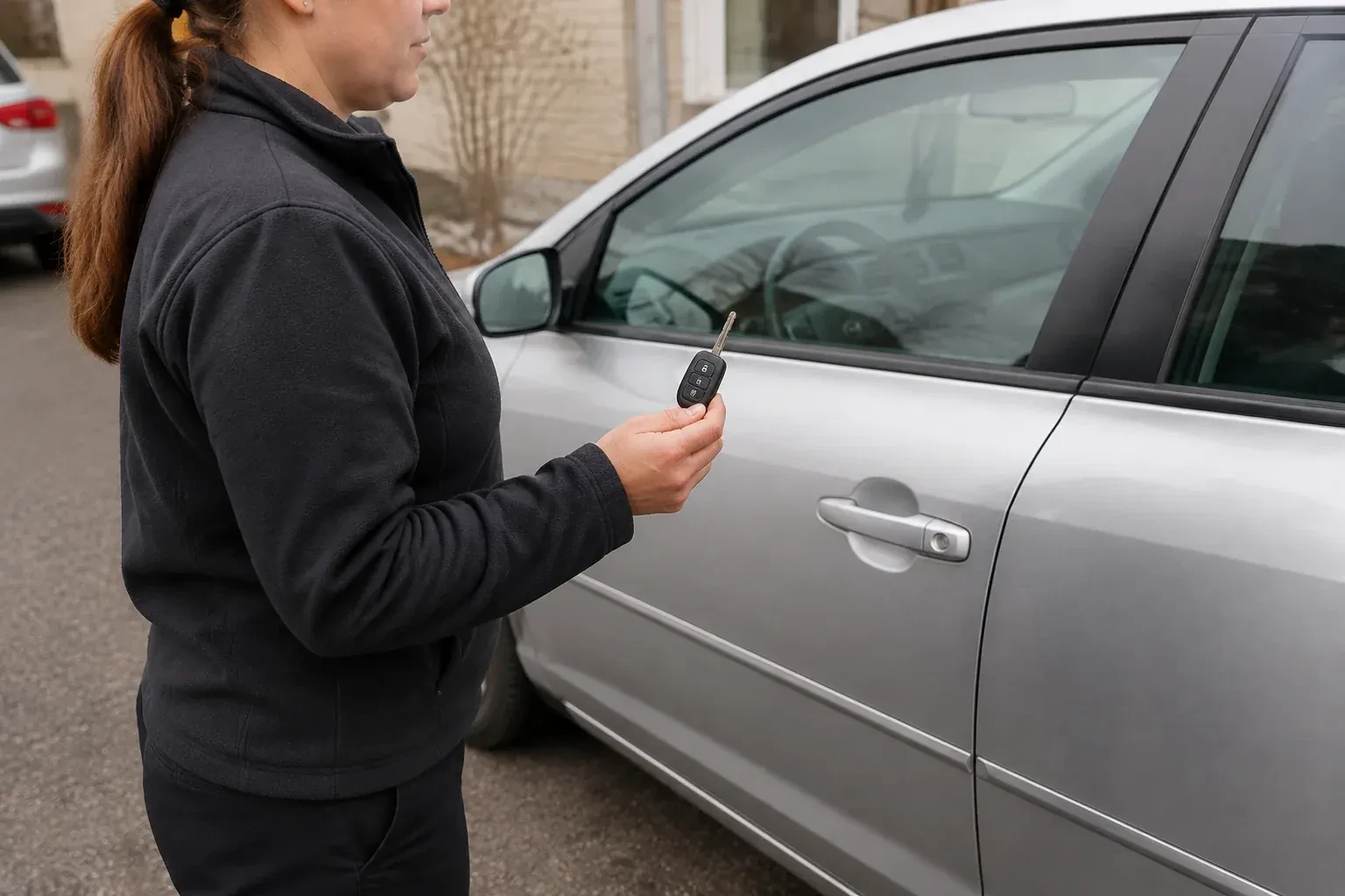 Technician holding a remote key with an extended blade beside a silver car. — Car Key Replacement, Kitchener
