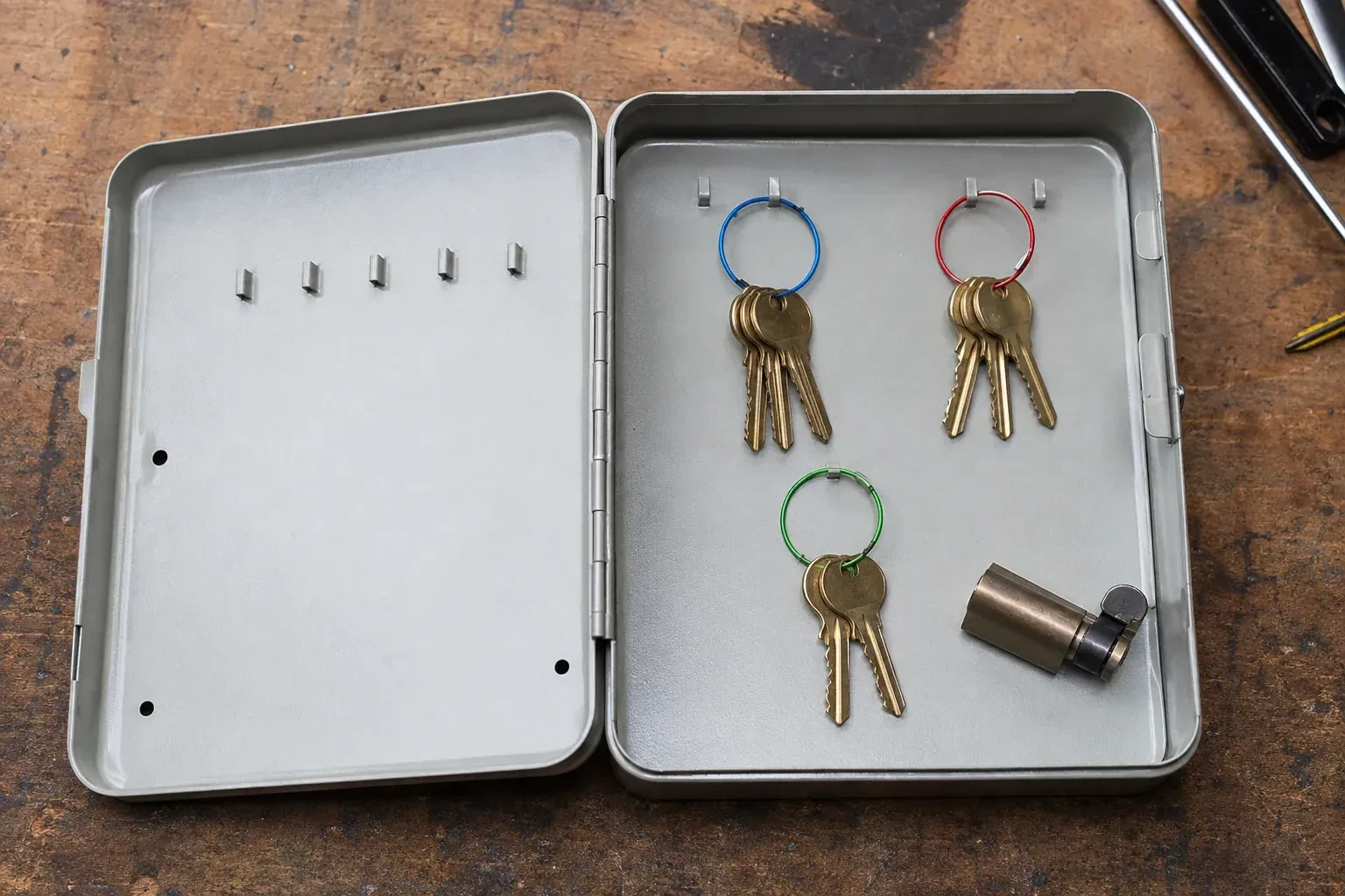 Three groups of keys on colored rings in an open metal key cabinet. — Master Key System Design, Kitchener