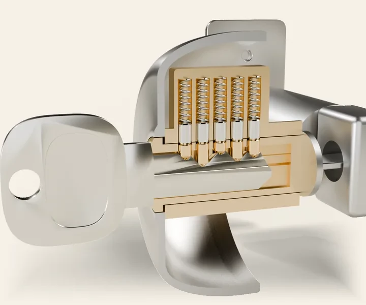 A new key in the cutaway cylinder, with every pin meeting at the shear line